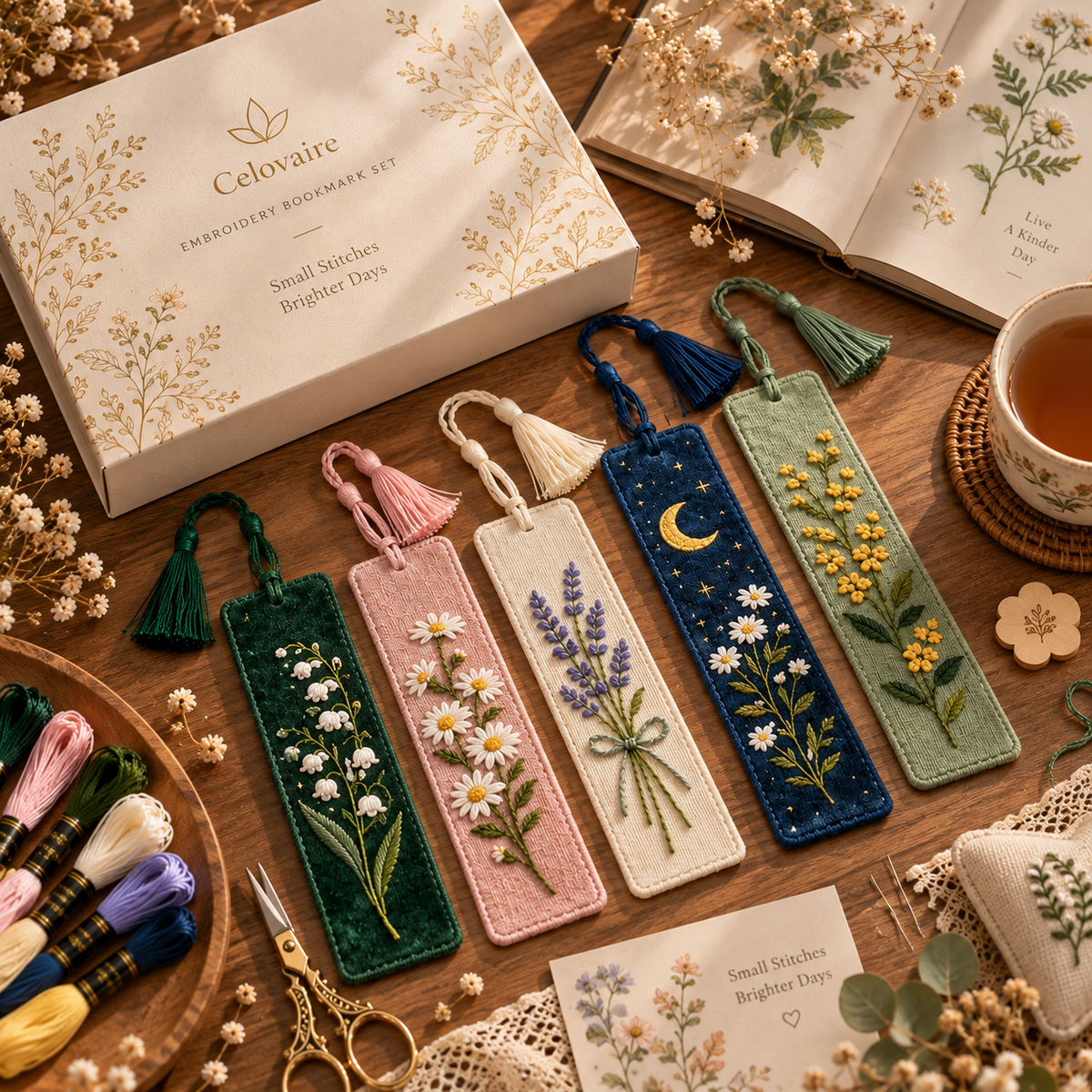 Embroidered Botanical Bookmark Set